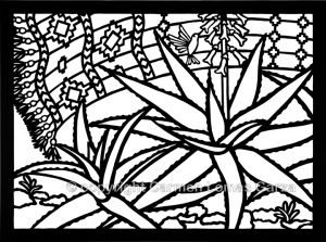 <h5>Ofrendas, Section #8, Medicinal aloe vera plants and hummingbirds</h5>